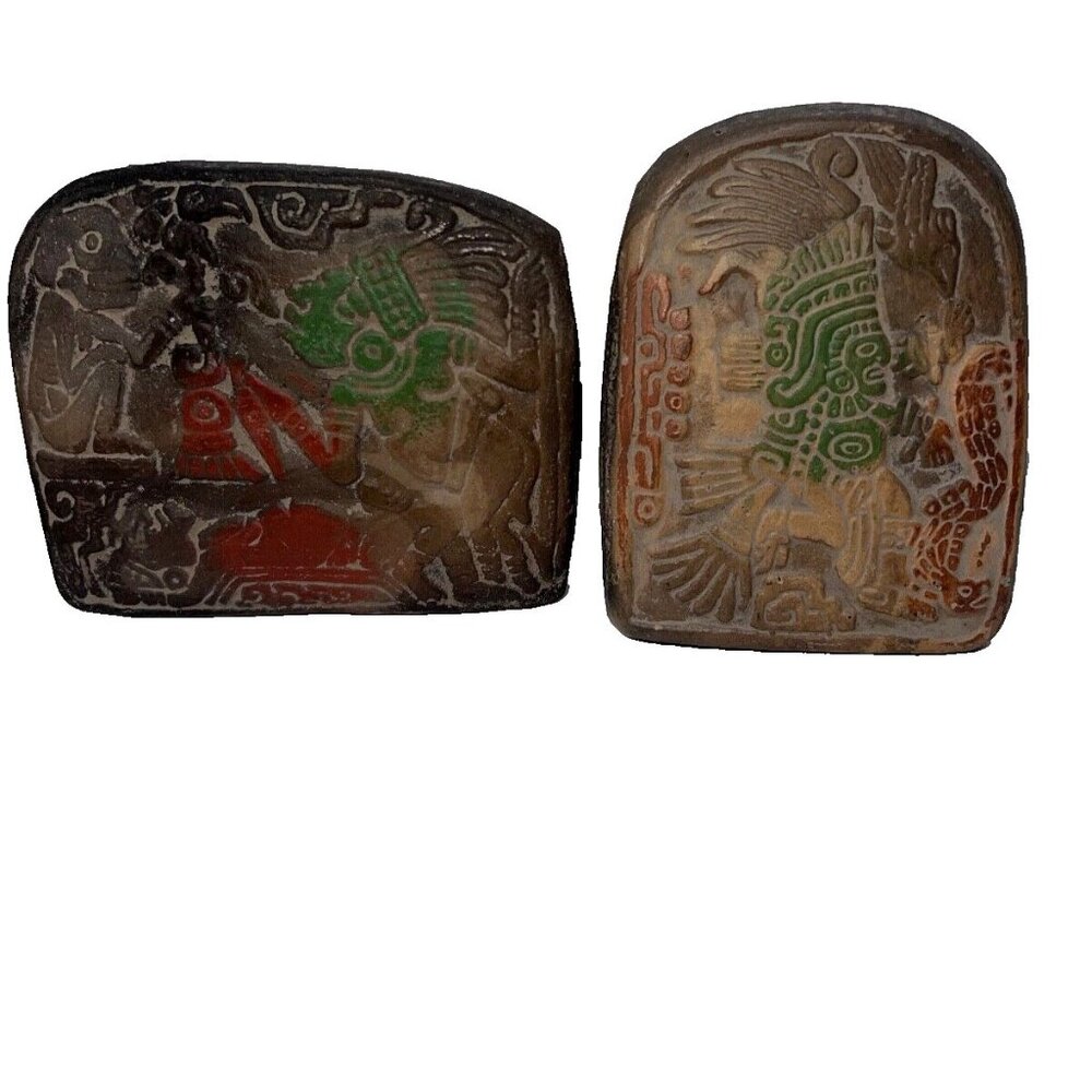 Aztec warrior/ king bird snake pyramid stamp lot of 2 Quetzalcoatl head figure